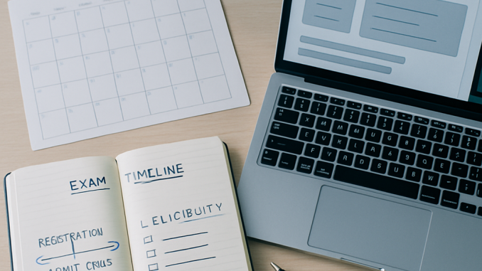 A candidate’s study desk with a notebook, generic exam timeline, laptop practice test, and