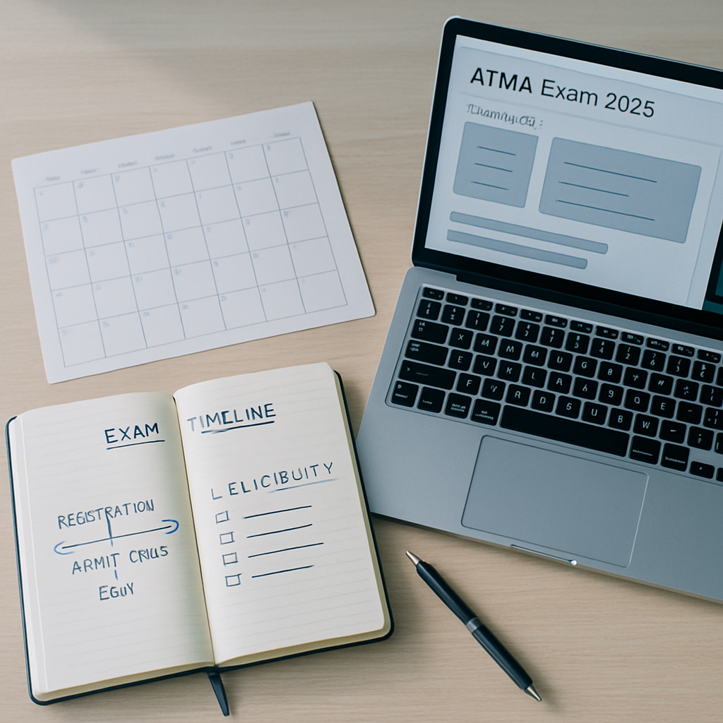 A candidate’s study desk with a notebook, generic exam timeline, laptop practice test, and