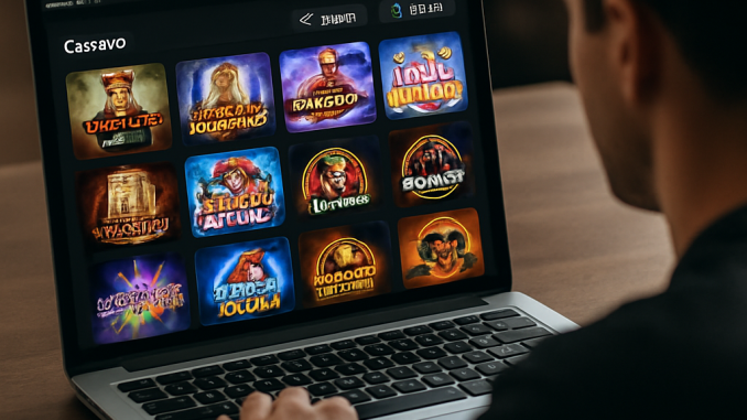Over-the-shoulder view of a person browsing an organised casino games catalogue on a laptop.