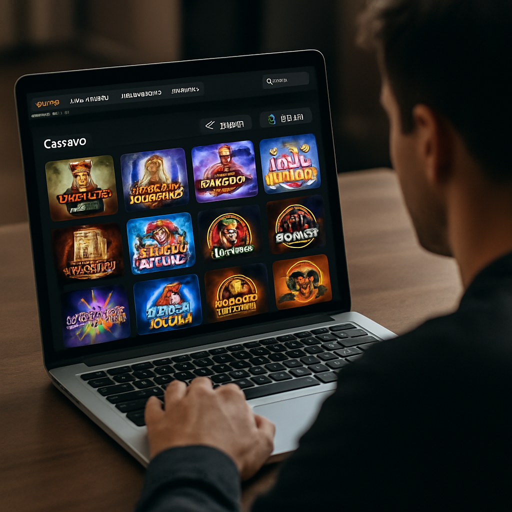 Over-the-shoulder view of a person browsing an organised casino games catalogue on a laptop.