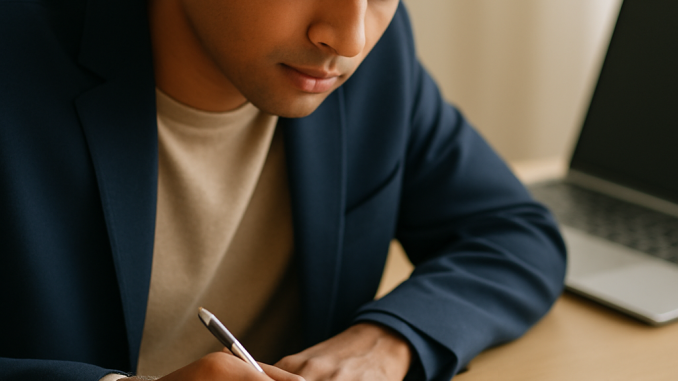A student checks an ATMA application form and supporting documents at a desk.