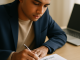 A student checks an ATMA application form and supporting documents at a desk.