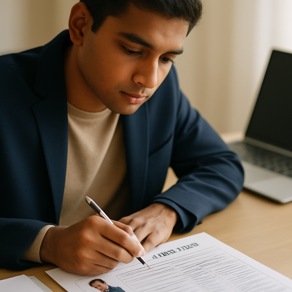 A student checks an ATMA application form and supporting documents at a desk.