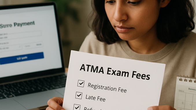 A candidate checks an ATMA exam-fee checklist and registration deadline while preparing to pay