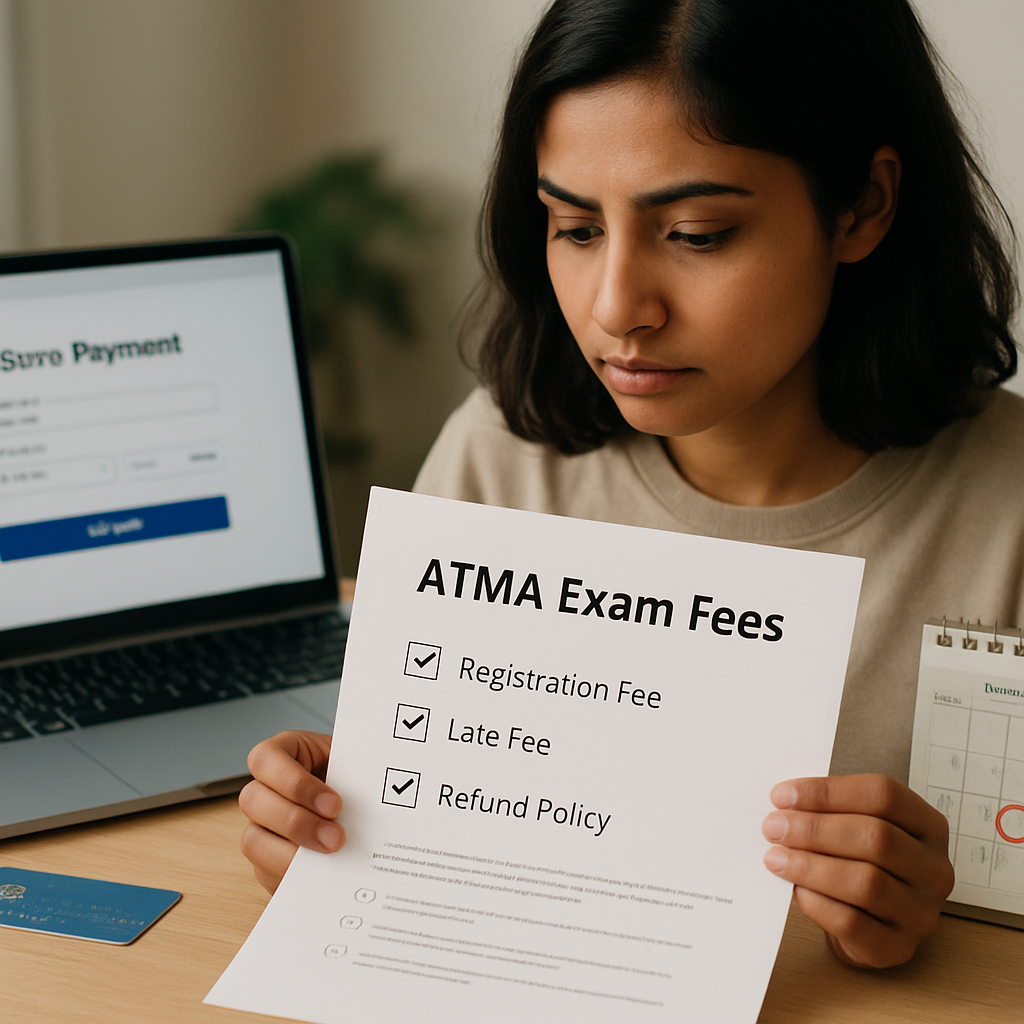 A candidate checks an ATMA exam-fee checklist and registration deadline while preparing to pay