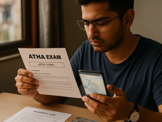 A student checks the exam venue and travel route on a phone while preparing