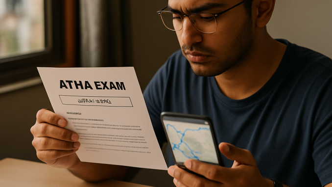 A student checks the exam venue and travel route on a phone while preparing