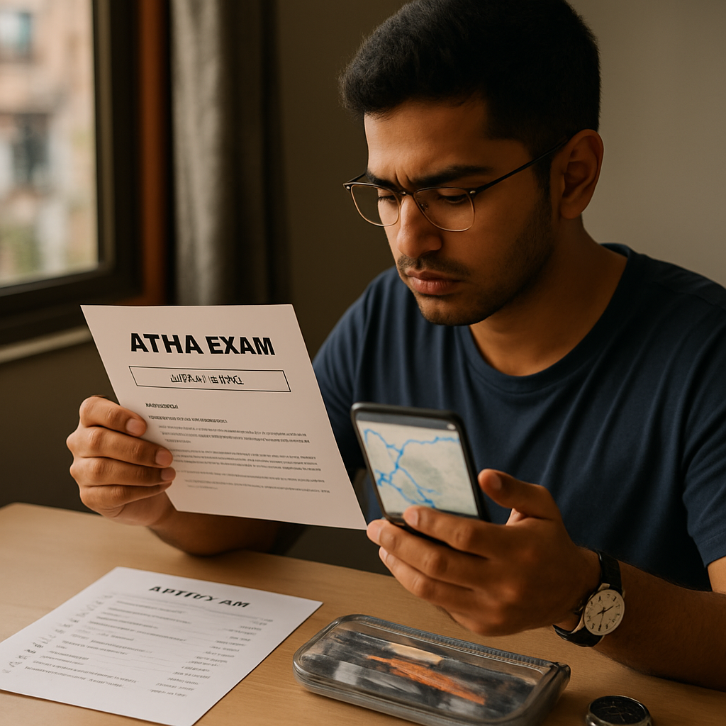 A student checks the exam venue and travel route on a phone while preparing