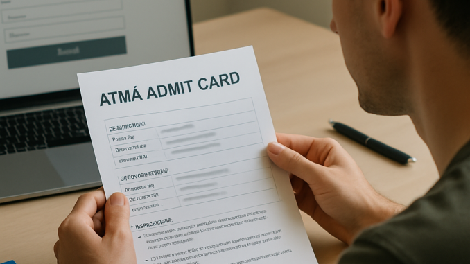 A student checks a printed ATMA admit card beside a laptop before exam day.