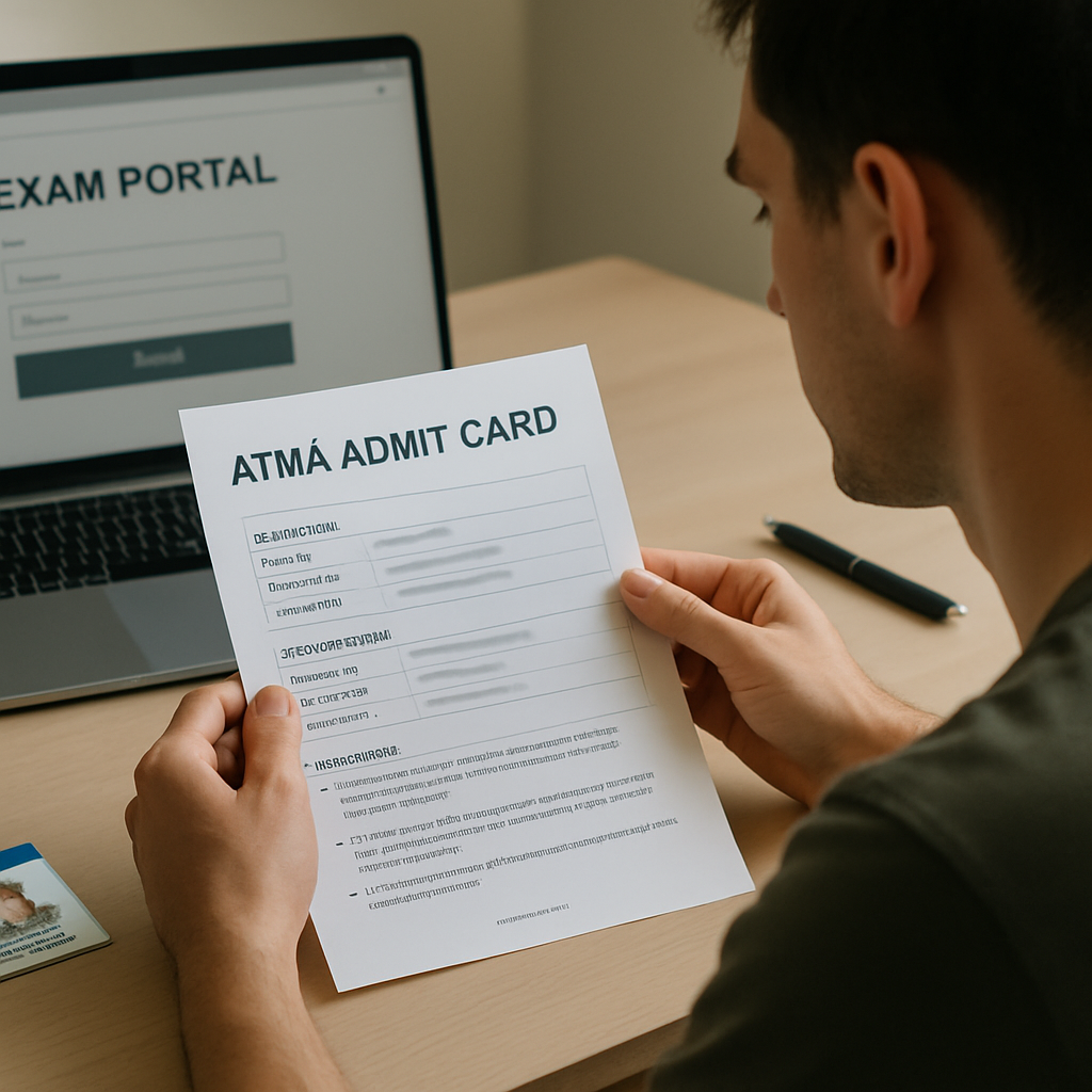A student checks a printed ATMA admit card beside a laptop before exam day.
