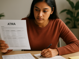 A focused student organizes ATMA practice sections, review notes, and a weekly study plan