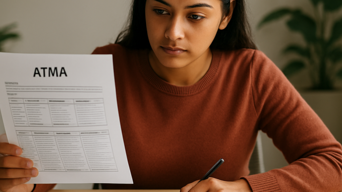A focused student organizes ATMA practice sections, review notes, and a weekly study plan