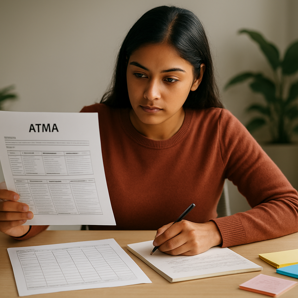 A focused student organizes ATMA practice sections, review notes, and a weekly study plan