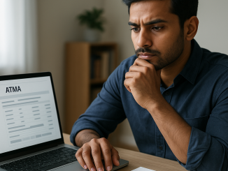 An applicant reviews an ATMA scorecard on a laptop and plans their next admissions