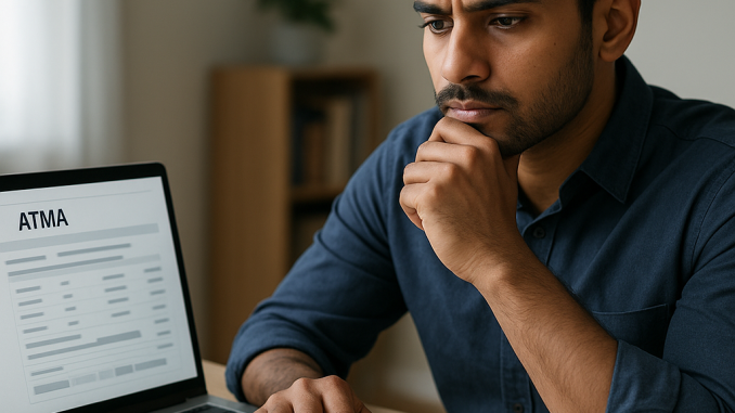 An applicant reviews an ATMA scorecard on a laptop and plans their next admissions