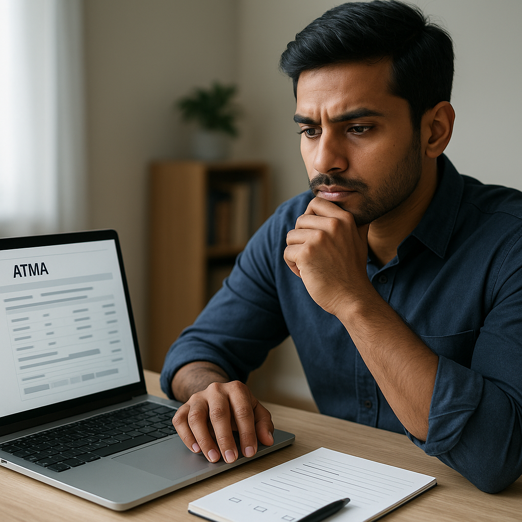 An applicant reviews an ATMA scorecard on a laptop and plans their next admissions