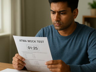 A focused student practises an ATMA sample paper beside a timer and score-tracking notebook.