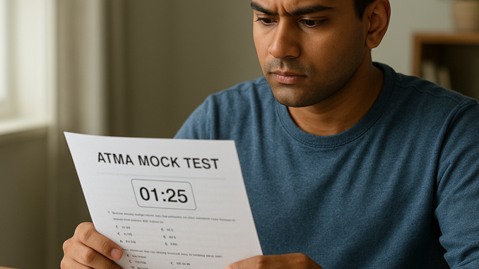 A focused student practises an ATMA sample paper beside a timer and score-tracking notebook.