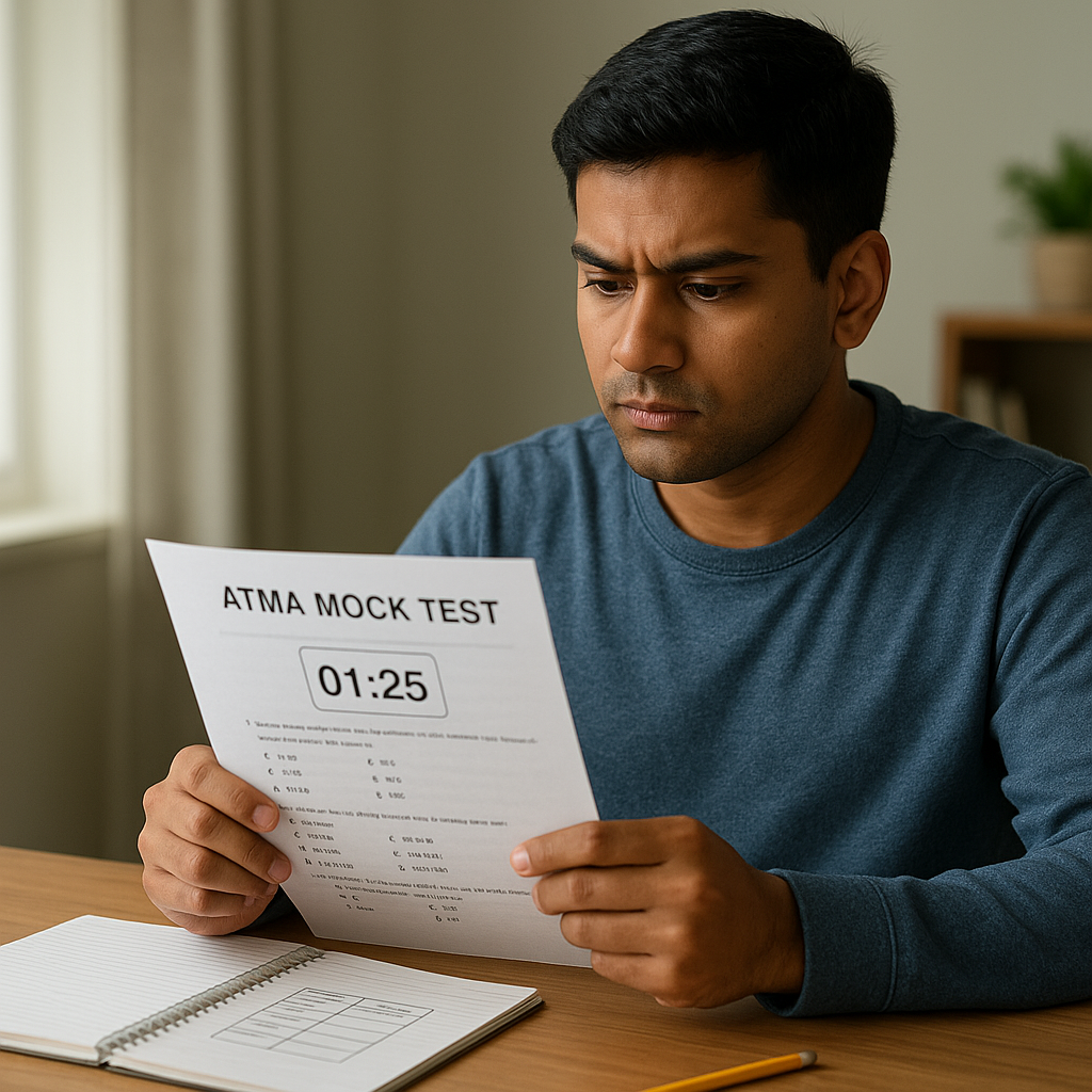A focused student practises an ATMA sample paper beside a timer and score-tracking notebook.