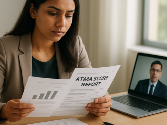 Prospective MBA student reviewing an ATMA score and application while preparing for an institute