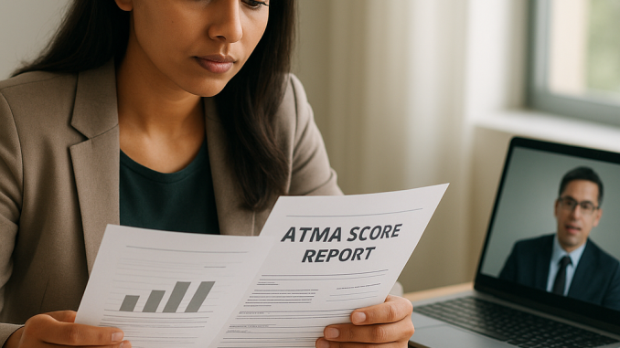 Prospective MBA student reviewing an ATMA score and application while preparing for an institute