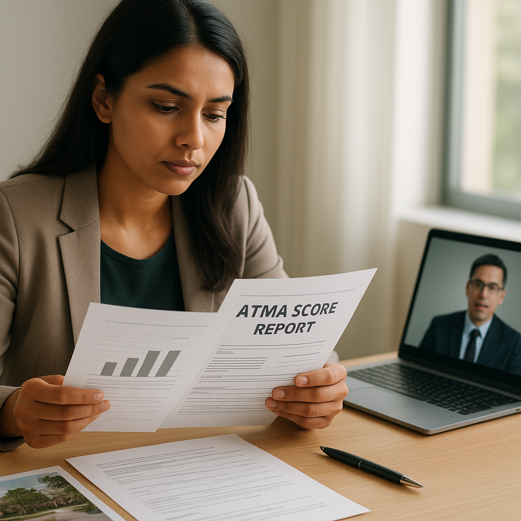 Prospective MBA student reviewing an ATMA score and application while preparing for an institute