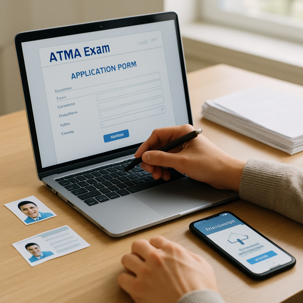 A student prepares an ATMA registration form on a laptop with identification documents and