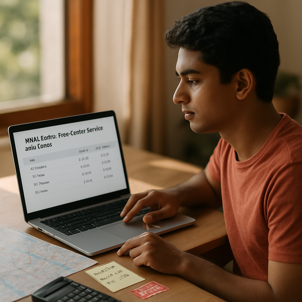 A student compares ATMA test-centre locations and travel costs at a desk.