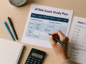 A student plans ATMA study sessions at a desk with a weekly timetable, practice