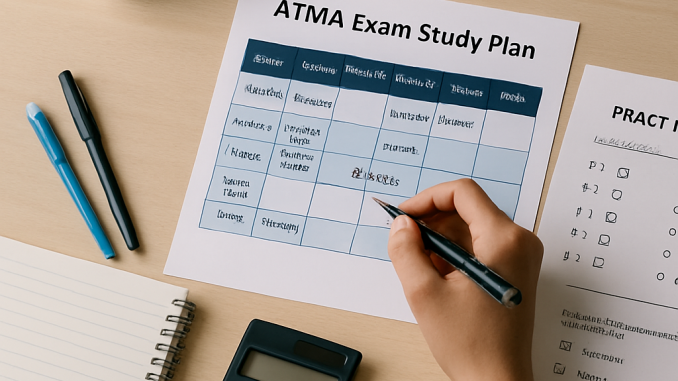 A student plans ATMA study sessions at a desk with a weekly timetable, practice