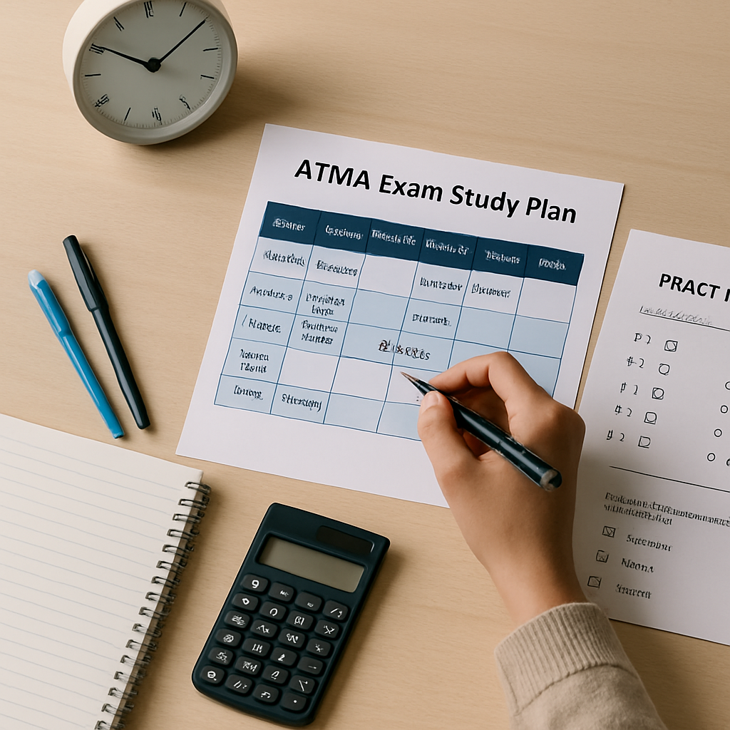 A student plans ATMA study sessions at a desk with a weekly timetable, practice