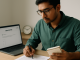 A student reviews a mock-test answer sheet and notes mistakes beside a laptop.