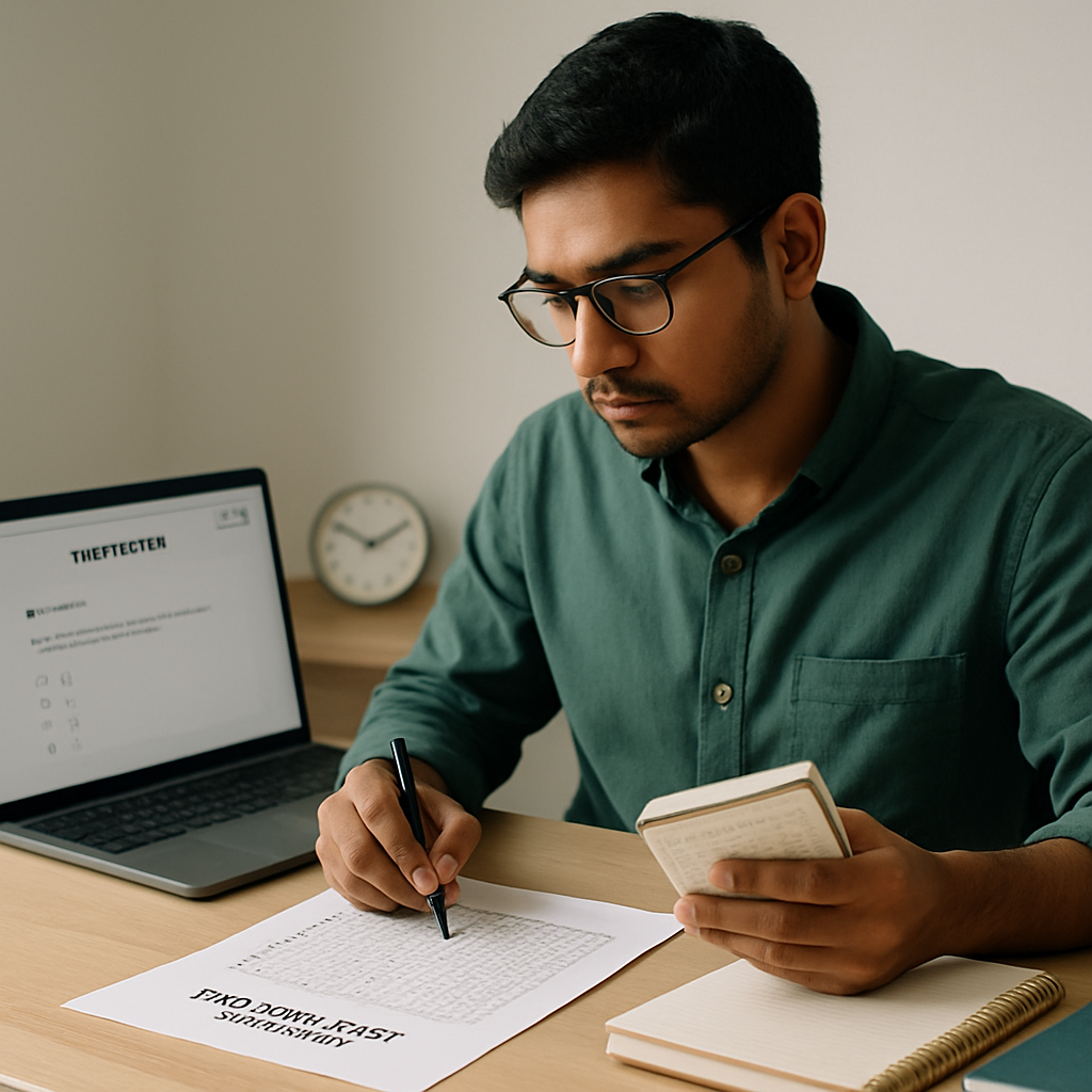 A student reviews a mock-test answer sheet and notes mistakes beside a laptop.