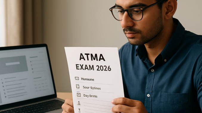 Indian MBA applicant reviews exam preparation documents and a calendar at a desk.