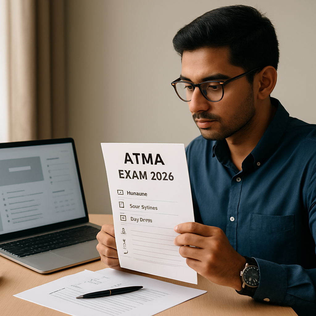 Indian MBA applicant reviews exam preparation documents and a calendar at a desk.