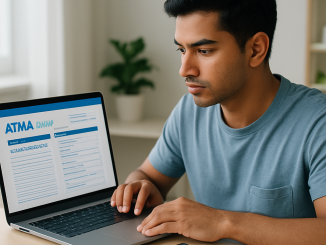 A student reviews an exam notice and completes an online application on a laptop,