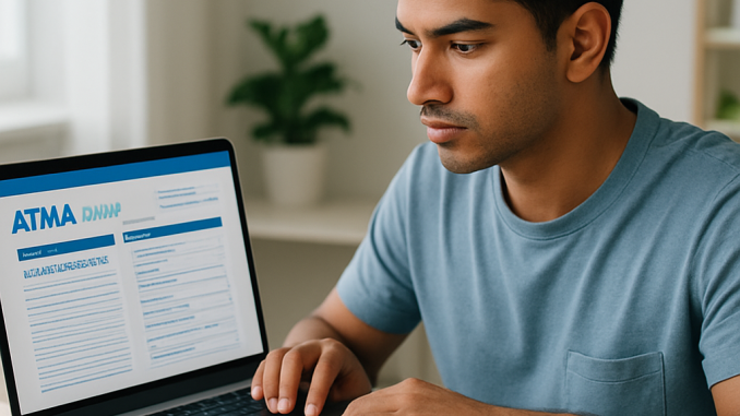 A student reviews an exam notice and completes an online application on a laptop,