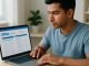 A student reviews an exam notice and completes an online application on a laptop,