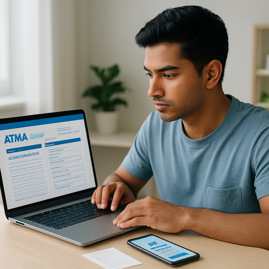 A student reviews an exam notice and completes an online application on a laptop,